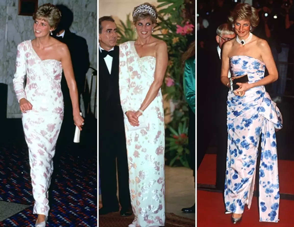 Aún hace veinte años, los reflectores que estaban encima de Diana notaban cuando volvía a usar un outfit. El vestido de la derecha lo usó para la premiere de `Crocodile Dundee´ y su secuela un par de años después.