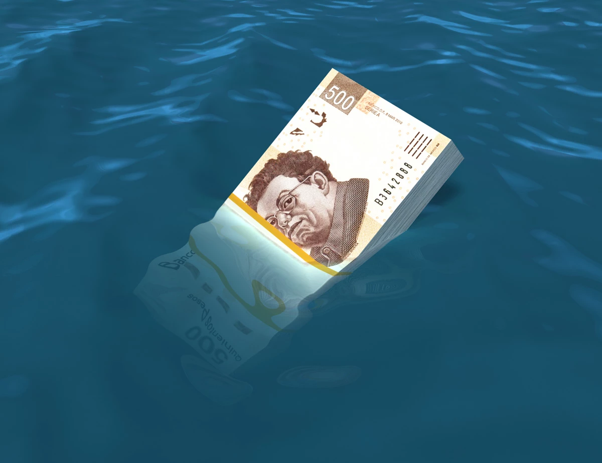 (Billetes de 500 pesos, hundiéndose en el mar)