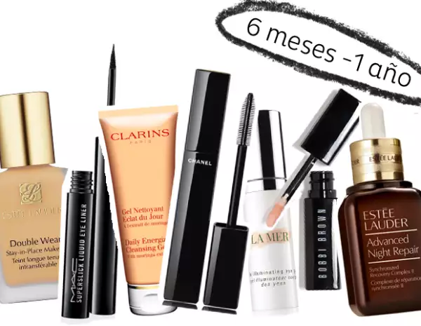 El delineador líquido, el rímel, la base líquida, los concealers, cremas contra acné, crema de ojos, tónicos y serums, duran de 6 meses a 1 año.