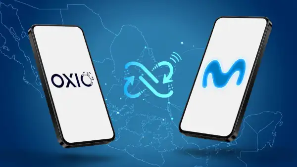 Dos celulares con los logos de OXIO y Movistar, con un fondo azul y un mapa de México.