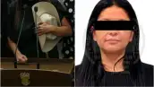 Grecia Quiroz, presidenta municipal de Uruapan Michoacán y esposa de Carlos Manzo sostiene un sombrereo (lado izquierdo). Rosa Alejandra "N", secretaria del Bienestar (lado derecho). 