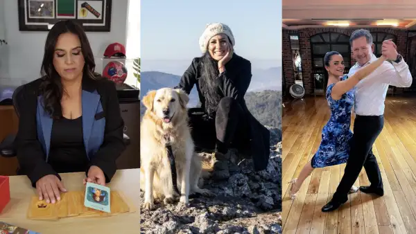 De izquierda a derecha, Fernanda Sainz con cartas de tarot, Nancy Martínez con su perrita en la montaña y Francisco Demesa bailando tango.