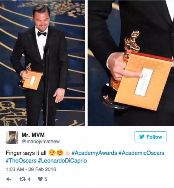 Estos fueron algunos de los tuits que destacaron el dedo medio de Leo DiCaprio: El dedo medio lo dice todo, escribió un usuario en este tuit.