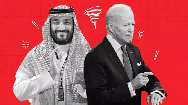 Ilustración con el príncipe heredero de Arabia Saudita, Mohammed bin Salman, y el presidente de Estados Unidos, Joe Biden, en blanco y negro sobre un fondo rojo, rodeados de garabatos. 