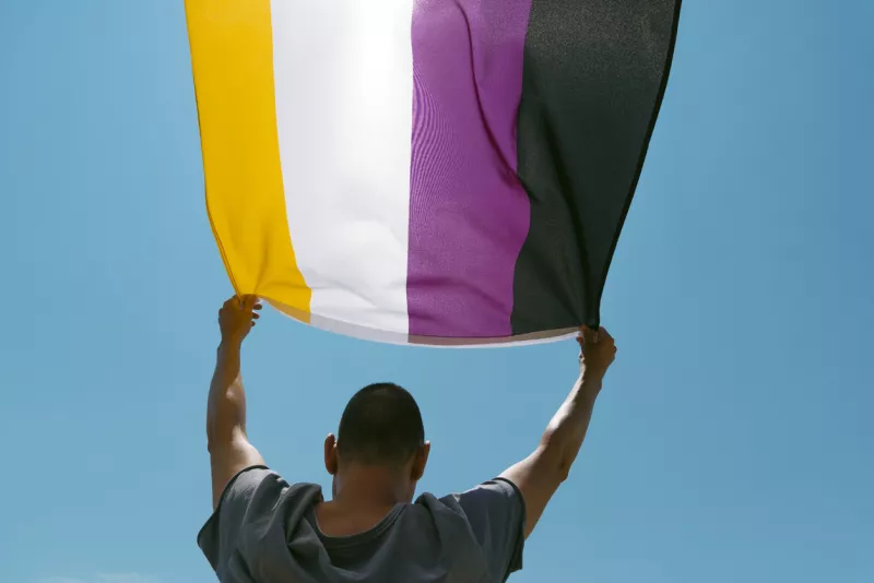 person waving a non-binary pride flag