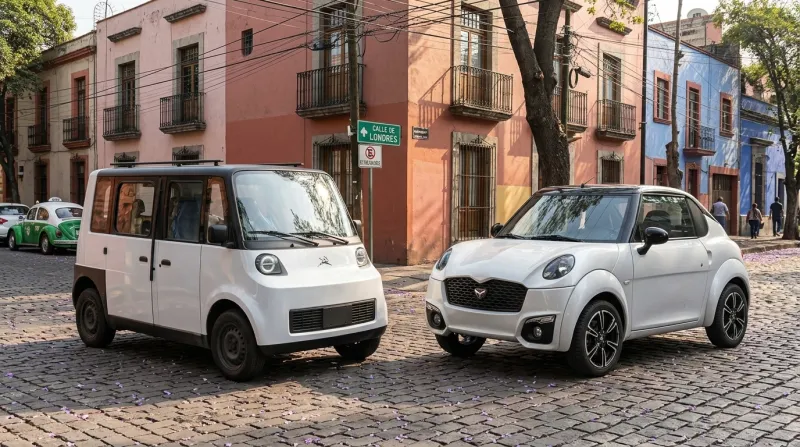 Olinia Uno y Zacua MX3 estacionados frente a frente en una calle de la Ciudad de México, rodeados de edificios y vehículos urbanos.