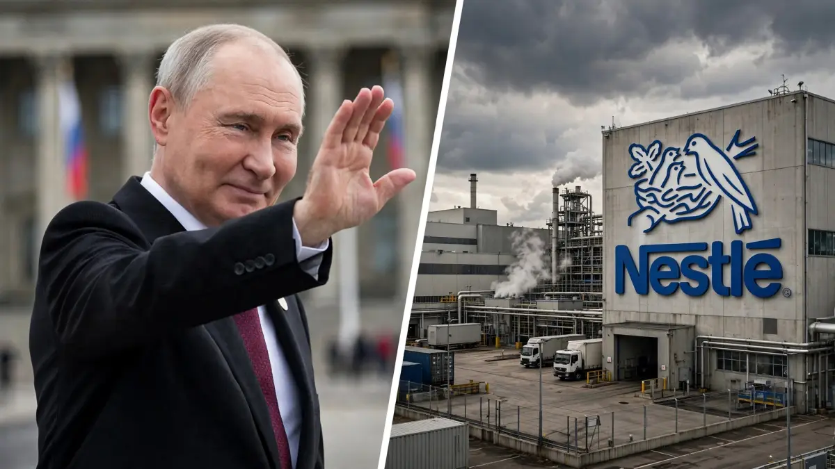 Vladimir Putin vs fábrica de Nestlé, divididos por línea blanca diagonal.