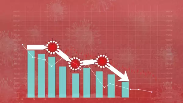 Stock market down on coronavirus fears, Economy down with coronavirus 2019-nCov, Pandemic virus, Stock market crisis red price arrow down chart fall. 3d rendering.