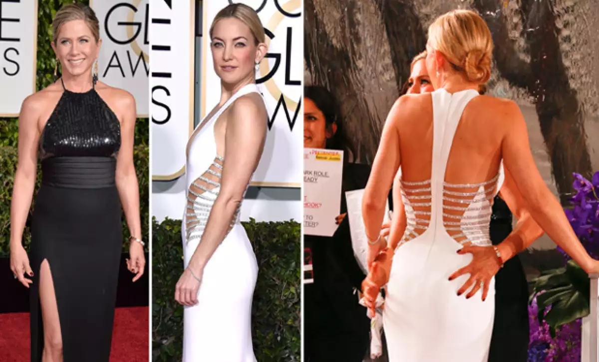 La sensualidad de Kate Hudson conquistó a Jennifer Aniston quien no resistió y tocó su trasero, provocando una reacción de sorpresa en su amiga actriz.