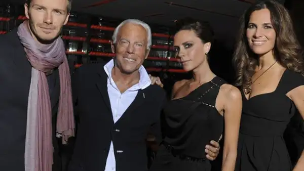 David Beckham, Giorgio Armani y Victoria Beckham, con Roberta, sobrina del diseñador.