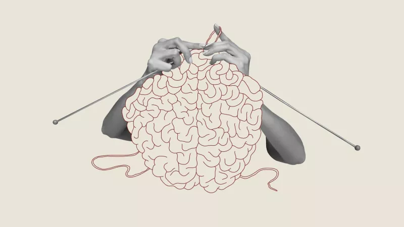 Contemporary,Art,Collage.,Human,Hands,Knitting,Brain.,Growing,Psychological,And