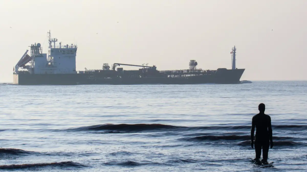 Persona observando desde la costa la presencia de un buque metanero, usado para la exportación de gas natural licuado.