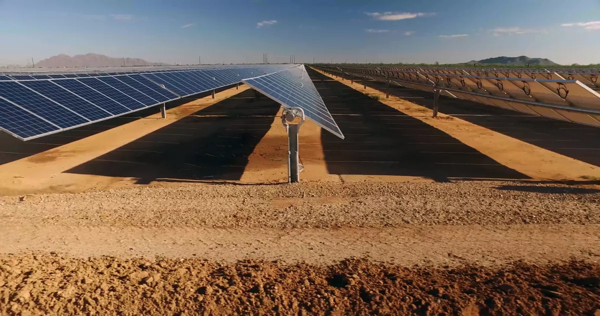 close up of solar power panels in desert