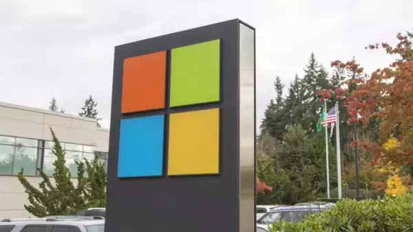 Microsoft Corporation logo outside the Executive Briefing Center at company's Redmond campus