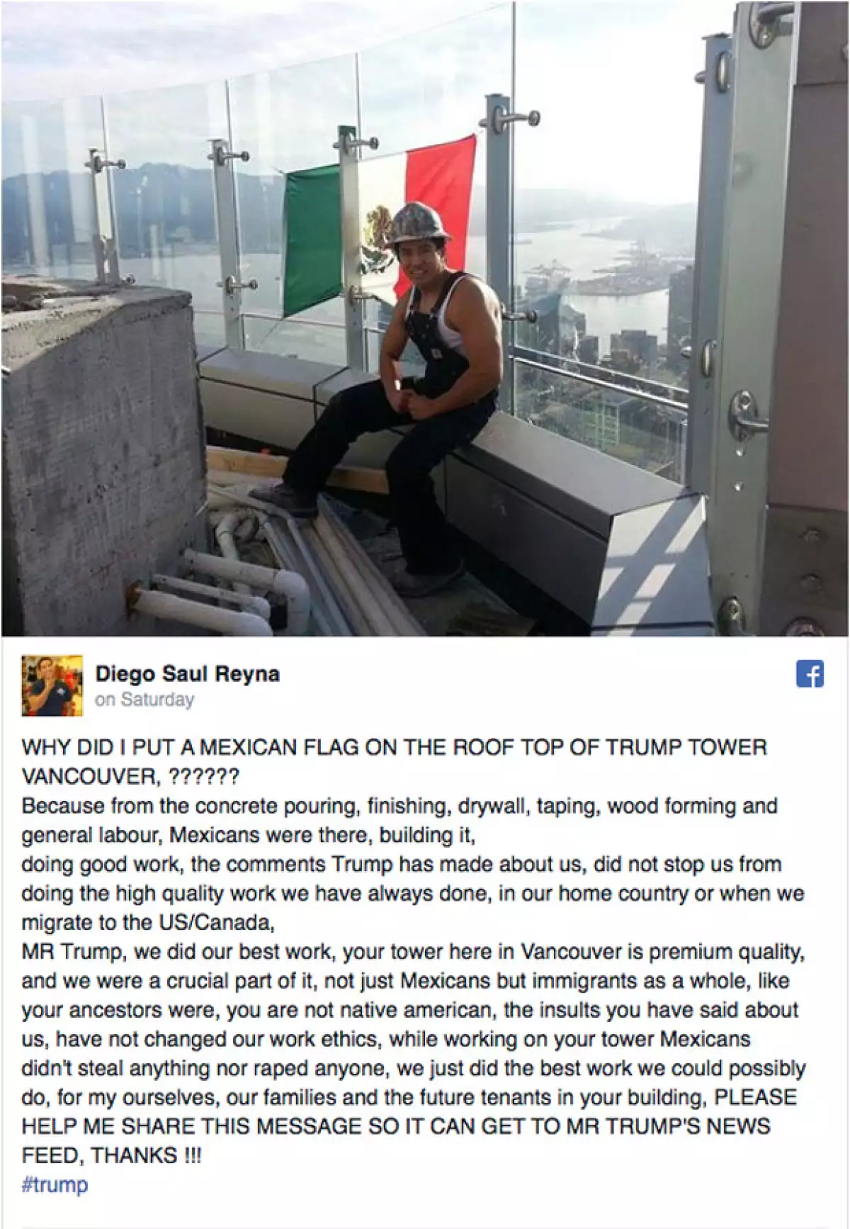 El trabajador de una de las torres en Canadá del aspirante a la nominación republicana quiere que el mensaje le llegue al empresario: "no nos robamos nada ni violamos a nadie".