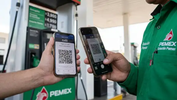 Un cliente paga el servicio de gasolina mediante CoDi en una estación de Pemex. CoDi, o Cobro Digital, es una plataforma desarrollada por el Banco de México (Banxico) que permite enviar y recibir dinero de forma electrónica desde el teléfono celular, de manera inmediata, sin costo y sin utilizar efectivo.