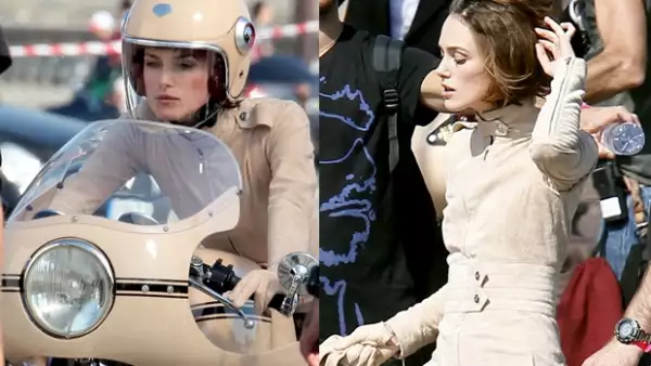 La actriz se subió a una moto vintage en París para grabar el nuevo comercial de la fragancia Coco Mademoiselle de Chanel, dirigida por Joe Wright.