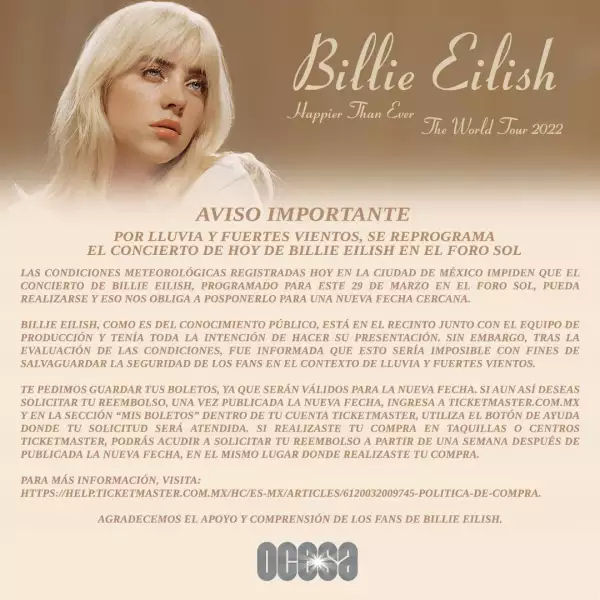Comunicado del concierto de Billie Eilish 