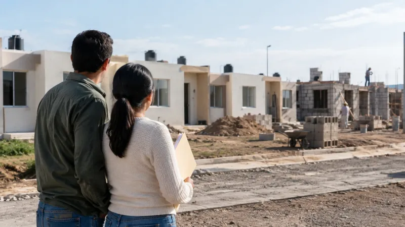 Pareja de un hombre y una mujer, ella sostiene un folder con papeles mientras ven al fondo unas casas, algunas ya 100% construidas y otras en obra negra. 