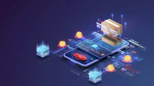  Compras en línea dentro de la aplicación, marketing digital, una tarjeta de crédito una caja en la pantalla del smartphone. Pago, entrega de pedidos desde el mercado de Internet. Tecnologías modernas de pago y entrega en línea. 