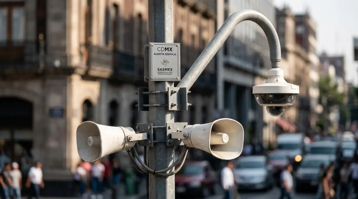Fotografía de uno de los más de 28,000 altavoces instalados en la Ciudad de México, utilizados para emitir la alerta sísmica y advertir a la población sobre la llegada de un sismo.