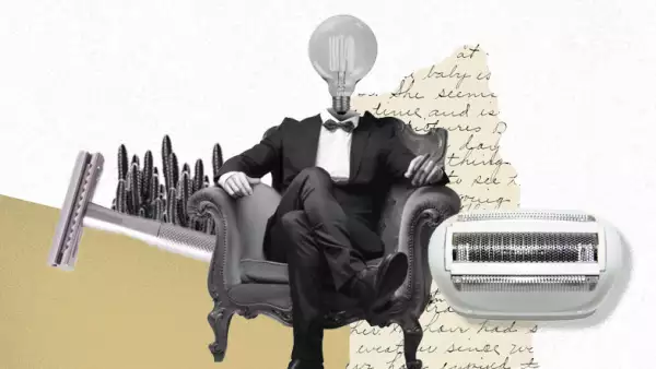 Foto collage de un hombre vestido de frac con cabeza de foco y sentado en un sillón elegante, con rasuradoras a su alrededor y algunos cactus detrás