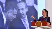 En la imagen, la presidenta Claudia Sheinbaum durante su conferencia matutina y al fondo una imagen de Genaro García Luna y Felipe Calderón