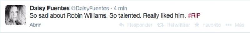 `Tan triste por Robin Williams, era tan talentoso. En realidad me gustaba´, escribió Daisy Fuentes.