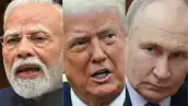 Esta combinación de imágenes creadas el 6 de agosto de 2025 muestra, L-R, al primer ministro de la India, Narendra Modi, el 21 de julio de 2025, al presidente de los Estados Unidos, Donald Trump, el 22 de julio de 2025 y al presidente de Rusia, Vladimir Putin, el 5 de agosto de 2025. El presidente de los Estados Unidos, Donald Trump, ordenó el 6 de agosto un arancel adicional del 25 por ciento sobre los productos indios sobre la compra continua de petróleo ruso de Nueva Delhi, una fuente clave de ingresos para la guerra de Moscú en Ucrania.