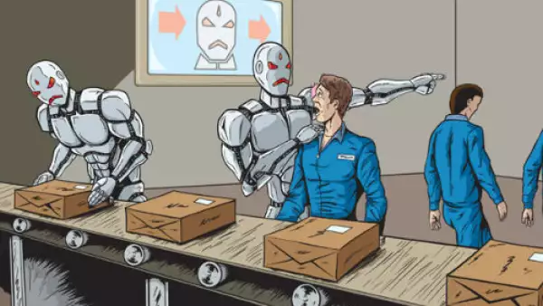 f�brica con robots y humanos