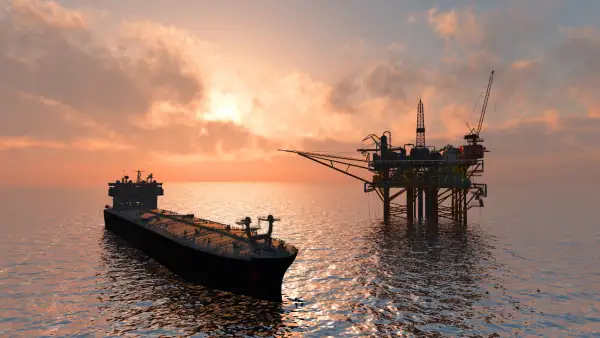 Un buque petrolero al lado de una plataforma, en medio del mar. 