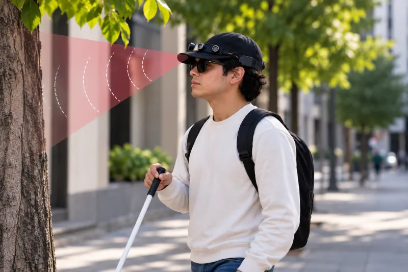 Ilustración generada con inteligencia artificial de un joven con lentes oscuros que utiliza un bastón blanco y una gorra negra equipada con sensores. Frente a él aparece un haz rojizo que representa la detección de obstáculos.
