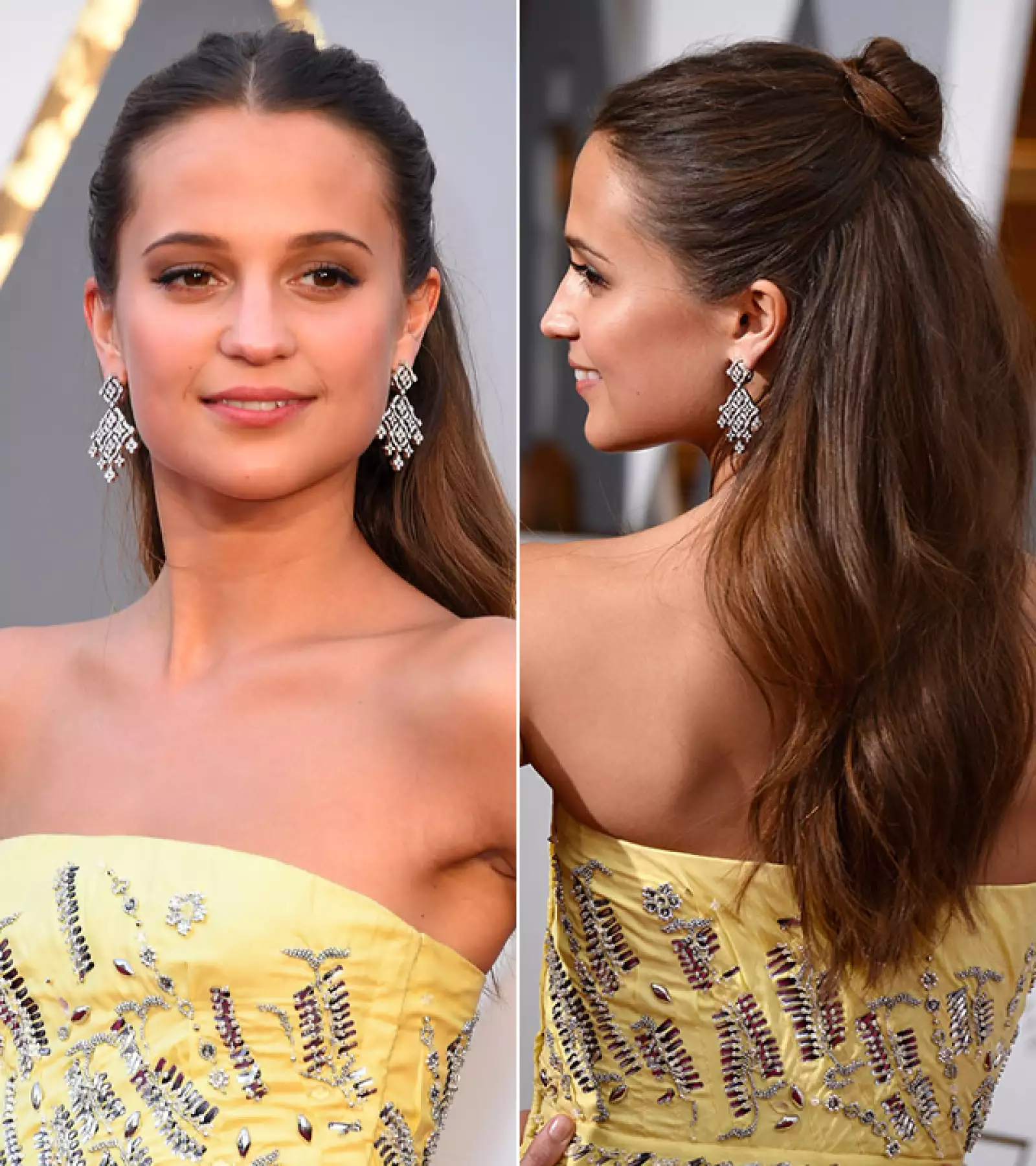 Nos encantó el vestido de Alicia Vikander y combinó el beauty look a la perfección. El half bun la hizo lucir moderna, mientras que mantuvo el beauty muy natural.