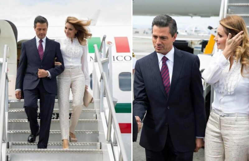 Angélica eligió un outfit en tonos neutros para su llegada en el avión presidencial al Aeropuerto de Los Ángeles, California.