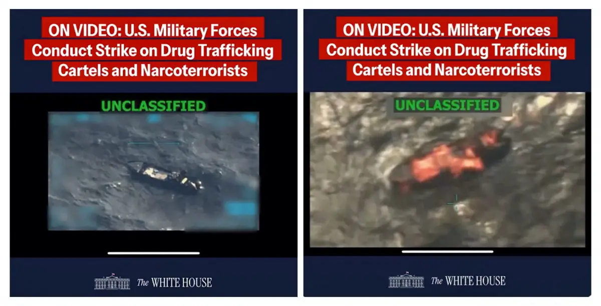 Una imagen combinada muestra dos capturas de pantalla de un vídeo publicado en la cuenta X de la Casa Blanca el 15 de septiembre de 2025, que muestra lo que EE. UU. El presidente Donald Trump dijo que fue un ataque militar estadounidense contra un barco de cárteles de la droga venezolano que se había dirigido a los Estados Unidos, el segundo ataque de este tipo llevado a cabo contra un presunto barco de drogas en las últimas semanas. La Casa Blanca/Folleto vía REUTERS.