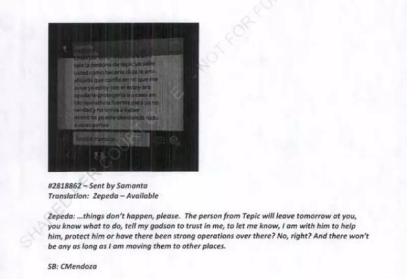 En una de la comunicaciones de "Zepeda" le dice a uno de los narcotraficantes identificados como "Samanta" que está para servirlos y que los protegerá.