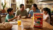 Familia mexicana durante el desayuno, consumiendo el tradicional cereal Chachitos, originario de Chihuahua.