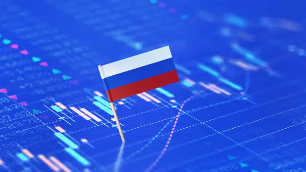 Gráficas financieras con bandera de Rusia