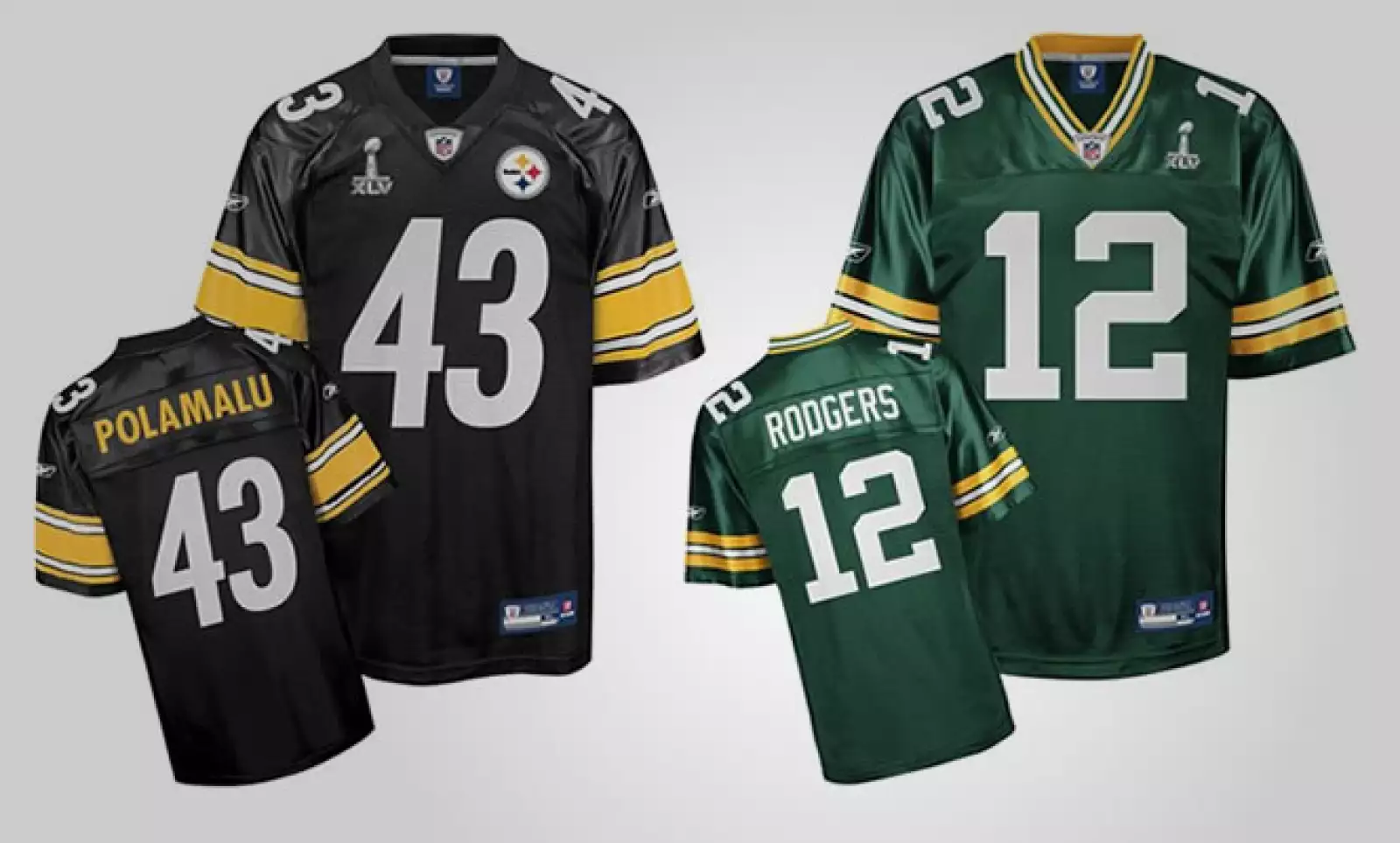 Esta tarde, los Acereros de Pittsburgh y los Empacadores de Green Bay se enfrentan en un duelo de fuerza, coraje y energía. Aquí te presentamos dos ‘jerseys’ de figuras claves del partido: el quarterback Rodgers, de Green Bay y el ‘safety’ Pomalu, de Pitt