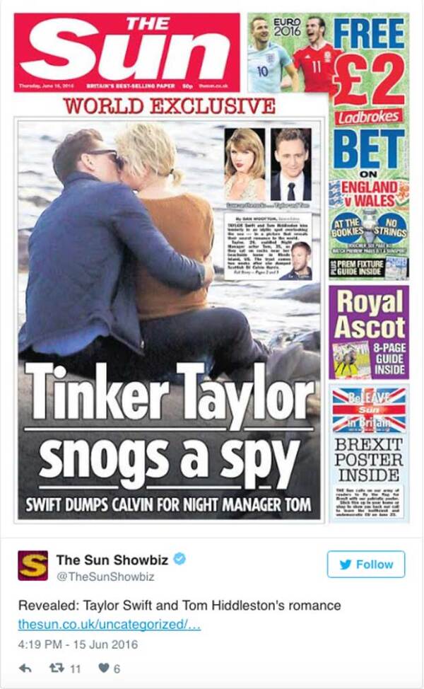 The Sun destapó el romance entre Taylor y Tom, el cual habría iniciado sólo unos días después de que la cantante anunció su truene con Calvin Harris.