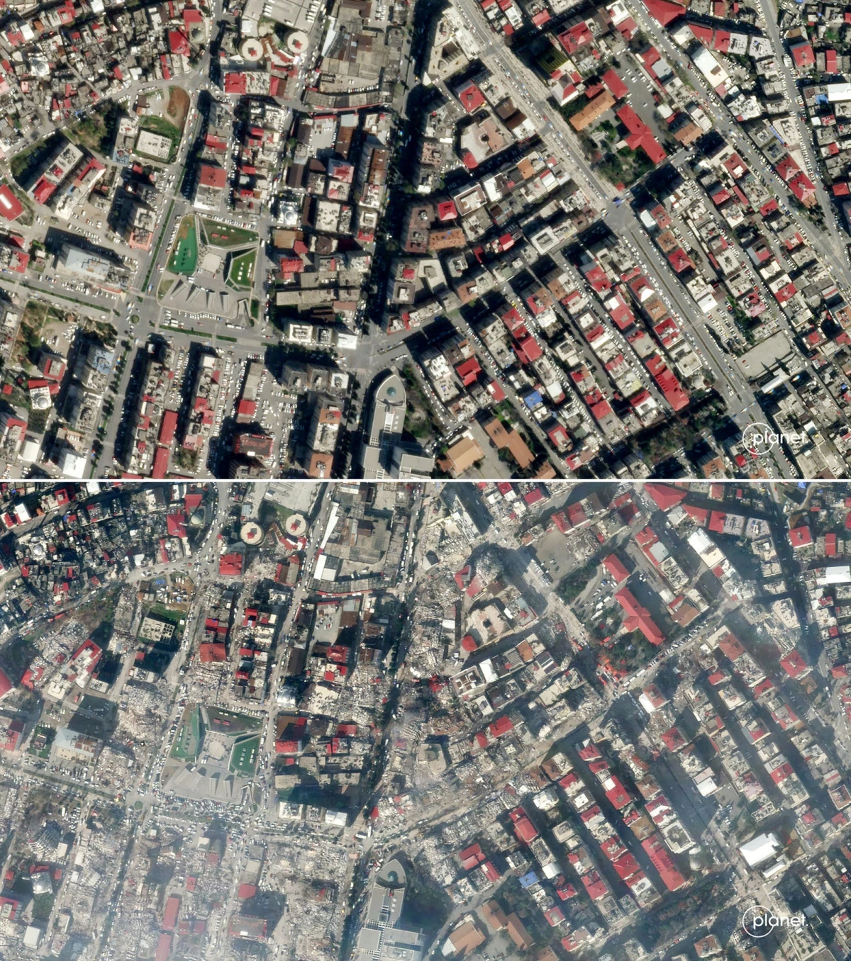 Esta combinación de imágenes creada el 10 de febrero de 2023 muestra imágenes de satélite, cortesía de Planet Labs, Inc. capturadas por SkySat, que muestran la ciudad de Kahramanmaras, sureste de Turquía, el 3 de abril de 2021 (arriba) y la ciudad de Kahramanmaras el 7 de febrero de 2023, (abajo) después de que un terremoto de magnitud 7,8 azotara el sureste de Turquía el 6 de febrero de 2023.