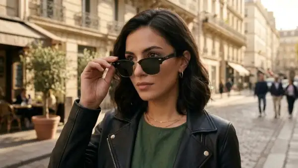Mujer joven en una calle, se ve del hombro hacia arriba; usa unos lentes Ray-Ban de Meta y los sujeta con su mano de un lado. 