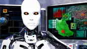 Imagen de un robot humanoide amenazante y detrás unas computadoras con imágenes de la Tierra en signos rojos de alerta.