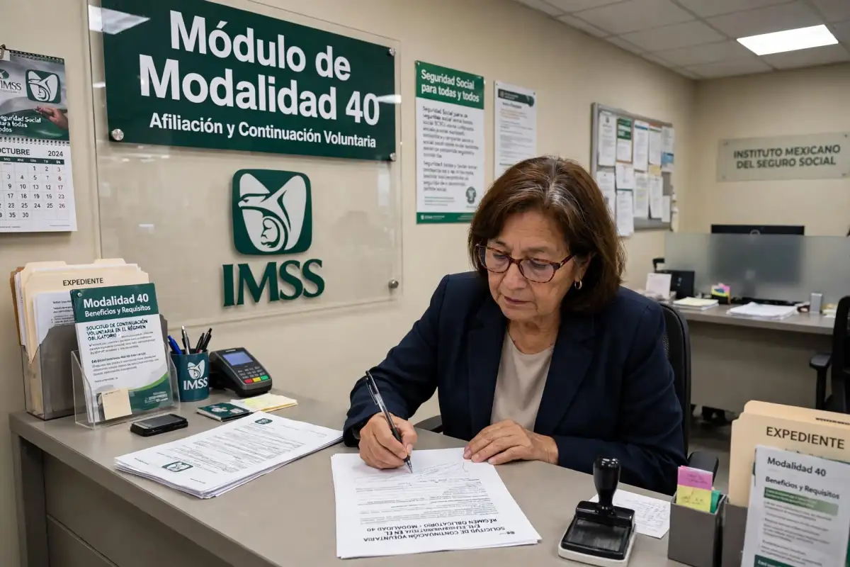 Mujer de 50 años firma su contrato de la Modalidad 40 del IMSS.