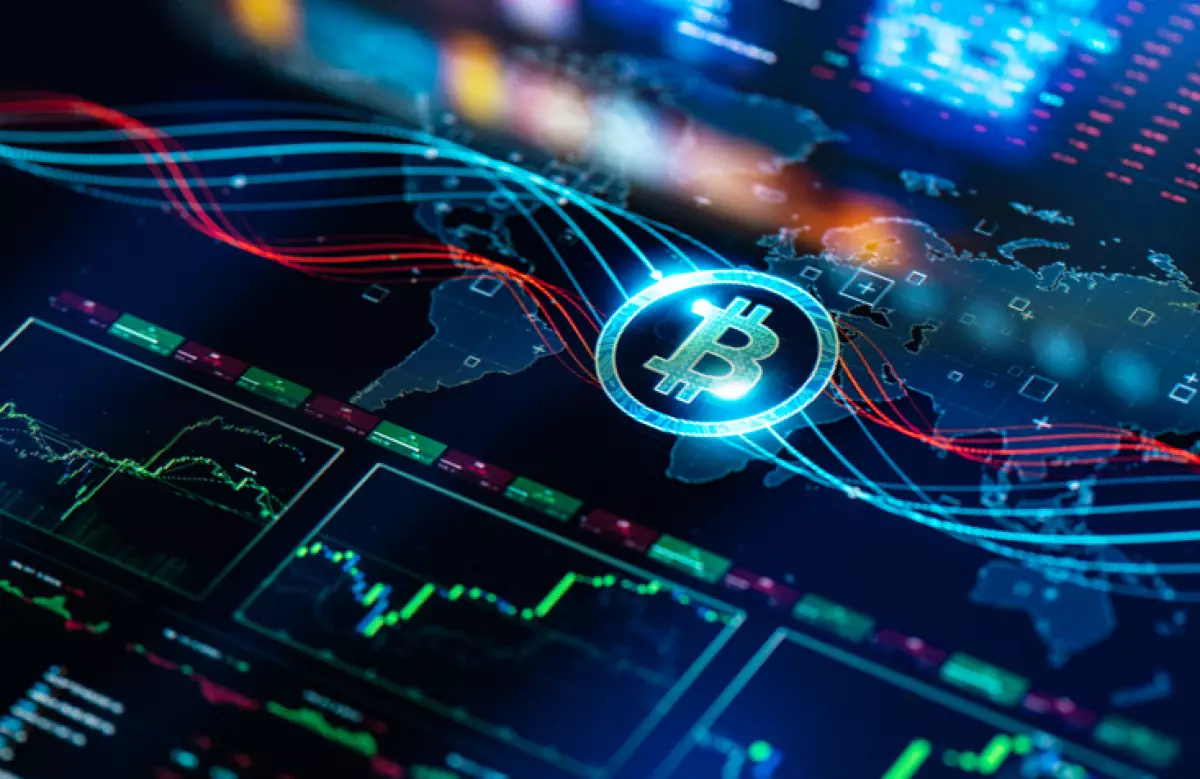 Concepto con el logo del bitcoin con gráficos de fondo.