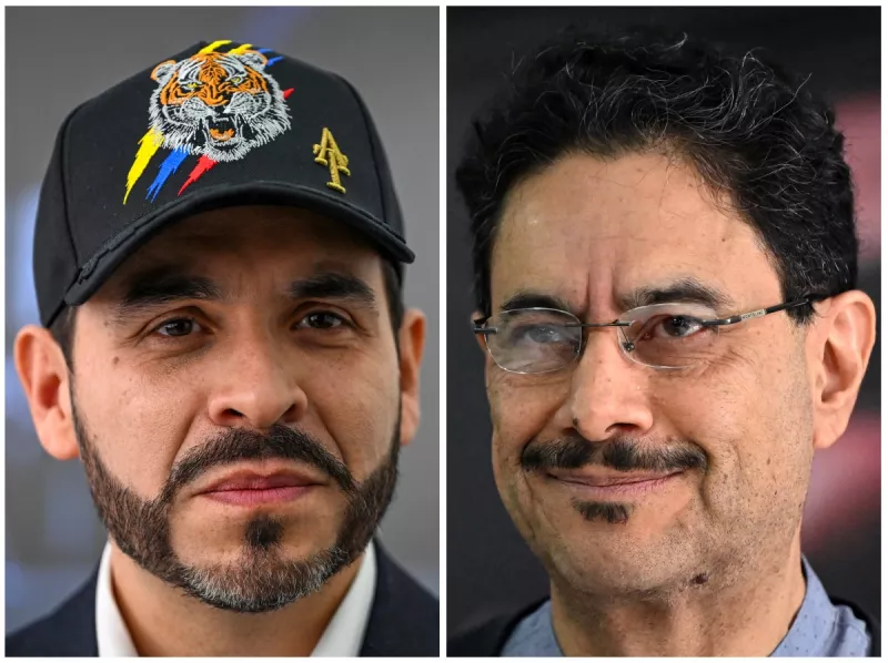 Esta combinación de imágenes de archivo creadas el 16 de junio de 2026, muestra al candidato presidencial colombiano Abelardo de la Espriella (Izquierda), del movimiento político Defensores de la Patria, escuchando durante una entrevista con AFP en Bogotá el 11 de febrero de 2026, y al candidato presidencial colombiano Ivan Cepeda, por el partido Pacto Histórico, sonriendo durante una conferencia de prensa en Bogotá, el 1 de junio de 2026, el día después de las elecciones presidenciales.