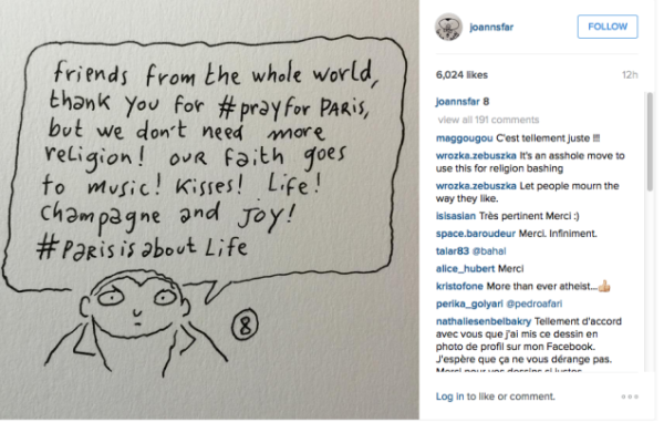 Las ilustraciones de Joann Sfar, se confundieron con publicaciones de una revista francesa llamada Charlie Hebdo.