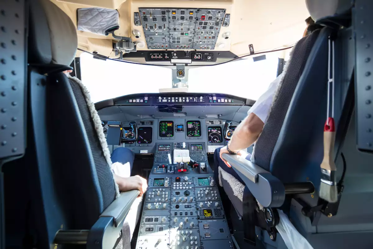 Interior of airplane cockpit.