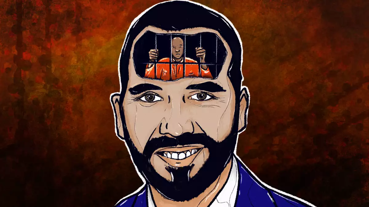Ilustración de del presidente salvadoreño Nayib Bukele, un. hombre de cabello negro y barba de candado, con un prisionero en una celda vestido de naranja en la frente. 