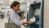 Mujer retira dinero de una sucursal bancaria.